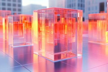 Futuristic Transparent Cubes with Glowing Orange Light in Urban Setting