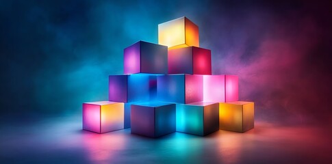 Colorful Illuminated Cube Stack with Vibrant Lighting and Abstract Atmosphere for Creative Design