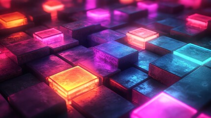 Colorful Neon Glowing Cube Tiles Abstract Futuristic Background