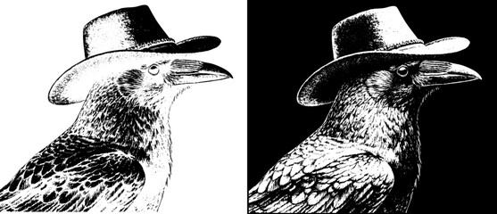 Obraz premium Vintage Raven in Cowboy Hat Engraving, Inverted Black White Xerography Vector on Transparent Background
