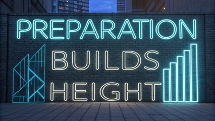 Illuminated neon sign on a brick wall spells out 'PREPARATION BUILDS HEIGHT' with city buildings in the background.