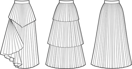 Pleated skirt technical sketch, asymmetrical hem, tiered layers, full-length design, fashion garment, vector outline, CAD drawing, flat illustration, template