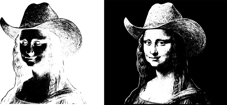 Vintage Mona Lisa in Cowboy Hat Engraving, Inverted Black White Xerography Vector on Transparent Background