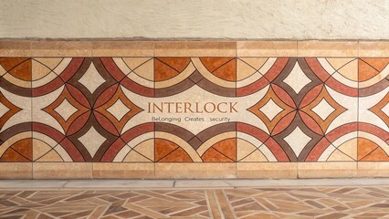 Interlocking tile pattern with a subtle embossed text, creating a sophisticated and secure floor design