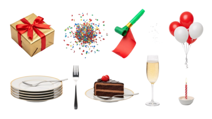 Birthday Celebration Items Set With Cake Balloons Gifts and Champagne.