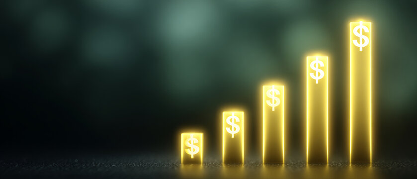 Glowing dollar symbol bar graph profit growth financial success money increase investment concept business revenue rise economic progress wealth savings income