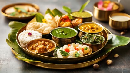 Niramish Thali featuring traditional vegetarian dishes such as puris, dal, sabzi, chutneys, and sweets, served on a large brass plate with banana leaves, on blurred background