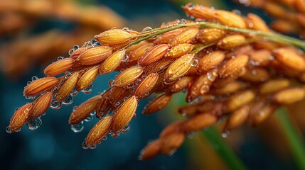Fototapeta premium Close-up of Golden Rice Grains with Water Droplets on Green Background