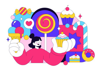 Sweet Shop Vector Illustration Featuring Sales Of Various Bakery Products Including Cupcakes Cakes Pastries And Candy In Flat Style Cartoon Background