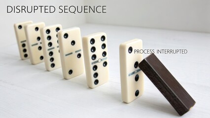 A structured sequence of white dominoes standing upright with one dark domino about to cause a chain reaction, representing process and progression