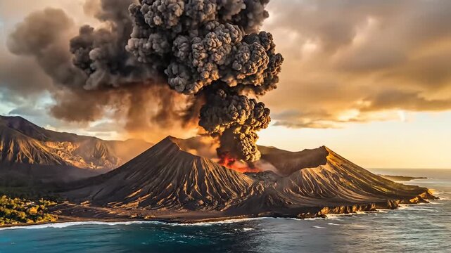 erupting volcanic island landscape with dark smoke rising over rugged cones