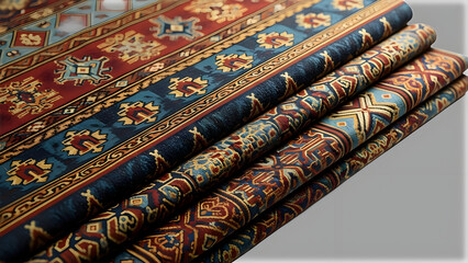 Stack of colorful patterned rugs with intricate designs and vibrant hues