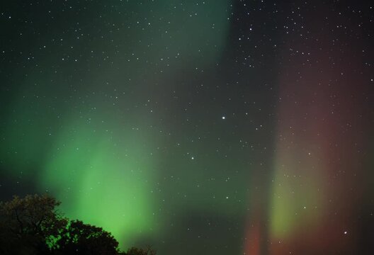 Vibrant Green and Red Aurora Borealis Over Starry Night Sky northern lights stars