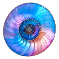 Obraz premium A vibrant, iridescent cross-section of a nautilus shell, revealing its spiraling chambers