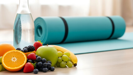 Healthy lifestyle elements a yoga mat and a selection of fresh fruits with a bottle of water on a clean surface, promoting wellness and vitality