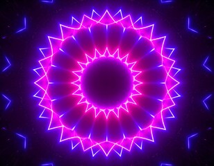 A vibrant kaleidoscopic circular neon design of pink and purple geometric shapes on black