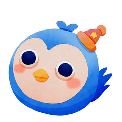 Bright blue cartoon bird wearing a party hat. Watercolor winter animal face.