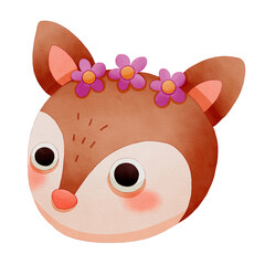 Cute cartoon deer head with flowers on its ears. Watercolor winter animal face.