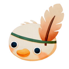 Cute cartoon bird with a feather and headband. Watercolor winter animal face.