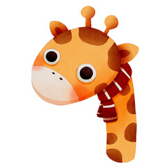Cute cartoon giraffe wearing a red scarf. Watercolor winter animal face.
