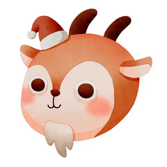 Cute cartoon goat wearing a Santa hat with a joyful expression. Watercolor winter animal face.