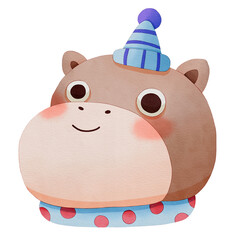 Cute cartoon hippo wearing a party hat with a polka-dotted collar. Watercolor winter animal face.