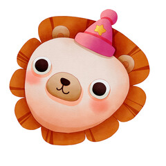 Cute cartoon lion wearing a pink party hat. Watercolor winter animal face.