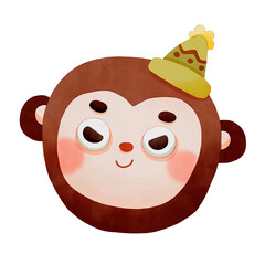 Cute cartoon monkey with a party hat. Watercolor winter animal face.