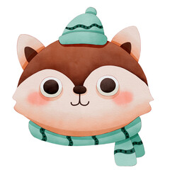 Cute cartoon raccoon wearing a hat and scarf. Watercolor winter animal face.