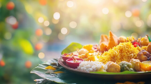 South Indian Ugadi feast showcasing traditional dishes such as Pulihora (tamarind rice), Holige, Majjige (buttermilk), and Vada, arranged on a fresh banana leaf on blurred background