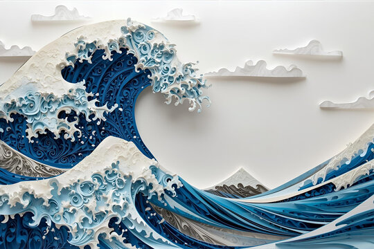 3D quilling paper art of a giant ocean wave crashing, natural disaster illustrated
