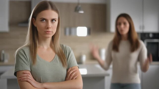 Angry young caucasian woman with arms crossed ignoring her partner during a quarrel. Two females having a serious disagreement and relationship problems in the kitchen