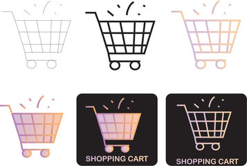 Minimalist flat icon set representing a shopping cart with gradient fills and outline designs, ideal for e-commerce and retail applications