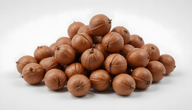 A large pile of freshly harvested brown pecans displayed against a clean white background. babassu 