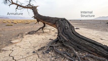Twisted Gnarled Ancient Petrified Wood Tree Reaching From Cracked Desert Earth