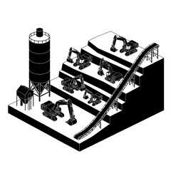 Isometric black and white illustration of a quarry or mining site with multiple excavators, a conveyor belt system, and silos. © greenleaves