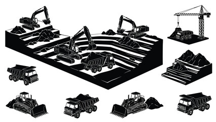 Construction equipment and terrain a black and white illustrative depiction © MdEmran