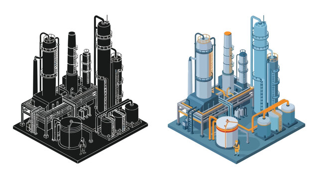Isometric industrial complex with oil refinery structures and pipeline network illustration