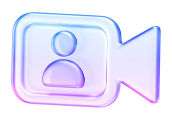 Translucent glass style video camera icon with soft blue and purple gradients. Designed in minimal glassmorphism style for modern UI and UX interfaces, suitable for media, streaming