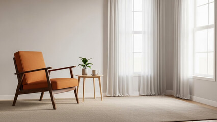 Fototapeta premium Modern living room with orange chair, side table, and plant by window