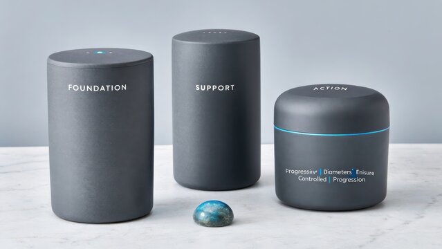 Three Modern Cylindrical Products with Text Labels on a White Surface