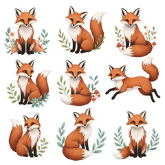 Naklejka premium Cute Red Fox Illustrations on Transparent Background with Flowers and Leaves