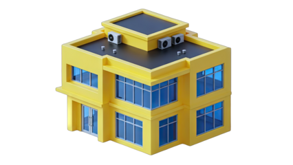 Yellow Modern Building with Blue Windows on White Background