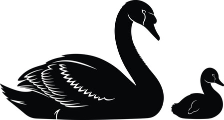 Obraz premium Swan and cygnet silhouette vector, black bird illustration, parent child bond, nature theme, graceful posture, minimal design artwork