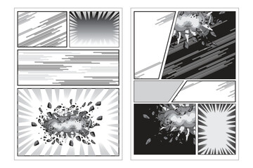 Black and white comic page layout with empty panels, speed lines, dramatic explosion effects, and action frames. Vector comic template suitable for manga, storytelling and posters