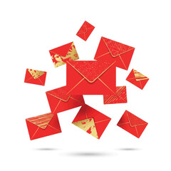 Red envelopes with gold patterns floating against a white background, symbolizing good fortune and celebration.