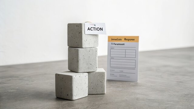 Three precisely stacked concrete blocks labeled 'ACTION' with an 'Immediate Response' card nearby