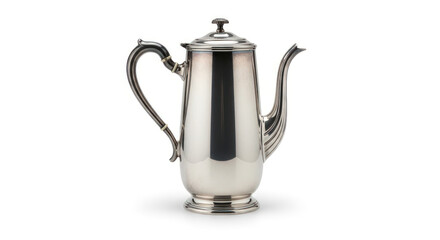 A shiny silver teapot with a handle and spout on a white background.