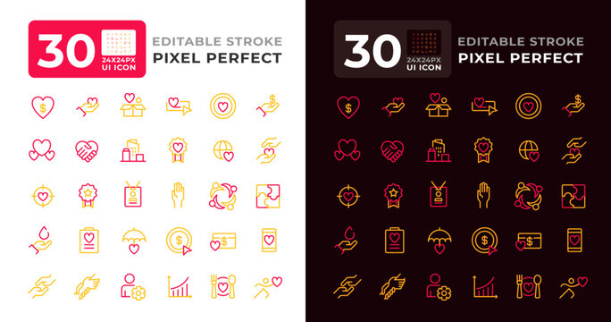 Charity organization colorful line ui icons set for light and dark mode. Donation to helping those in need. Support giving to vulnerable citizens color ful line ui icons set for light and dark mode
