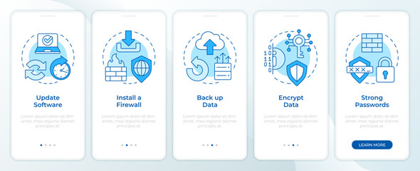 Cyberattacks prevention methods blue onboarding mobile app screen. Walkthrough 5 steps editable graphic instructions with linear concepts. UI, UX, GUI. Montserrat SemiBold, Regular fonts used